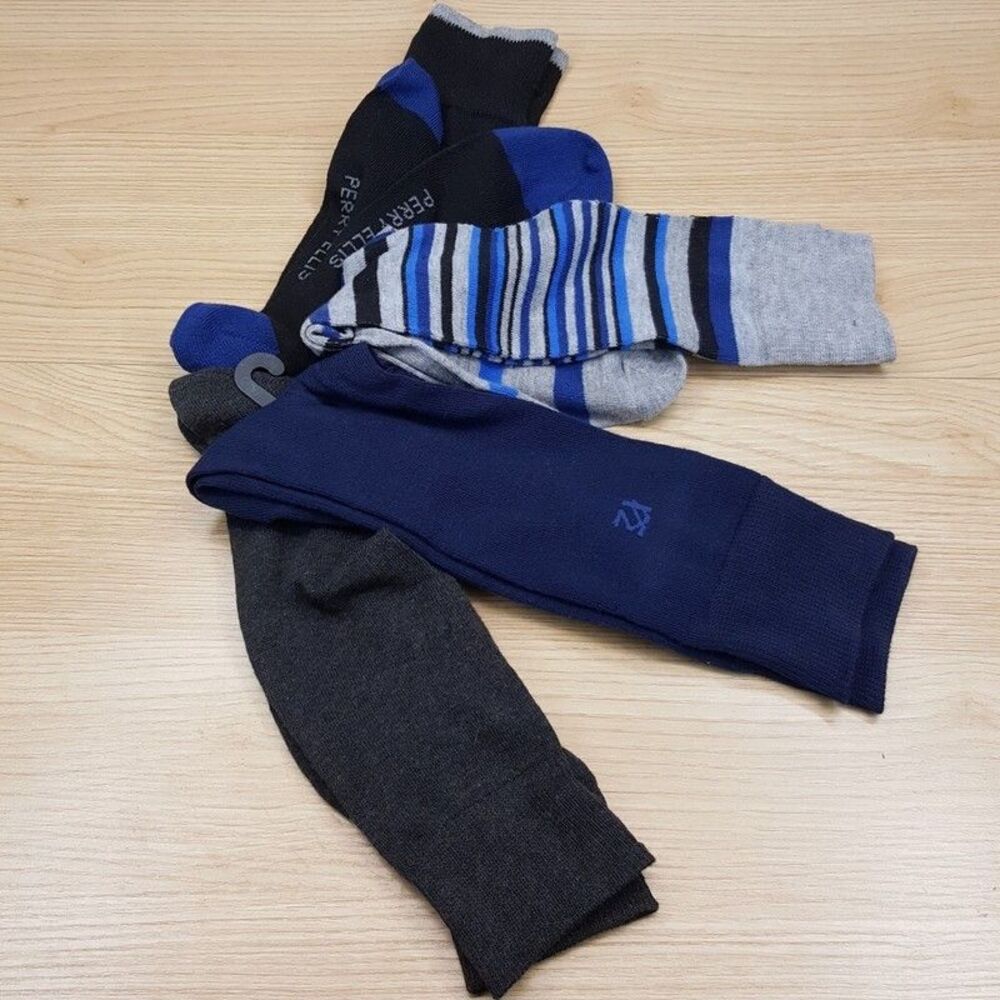 PERRY ELLIS Crew Dress Socks Black Blue Gray 4-Pack Solid Stripe Knit Logo